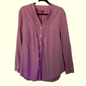 Burgundy Pin Tuck Tunic Top High Button Roll Up Sleeve Collarless Blouse EUC